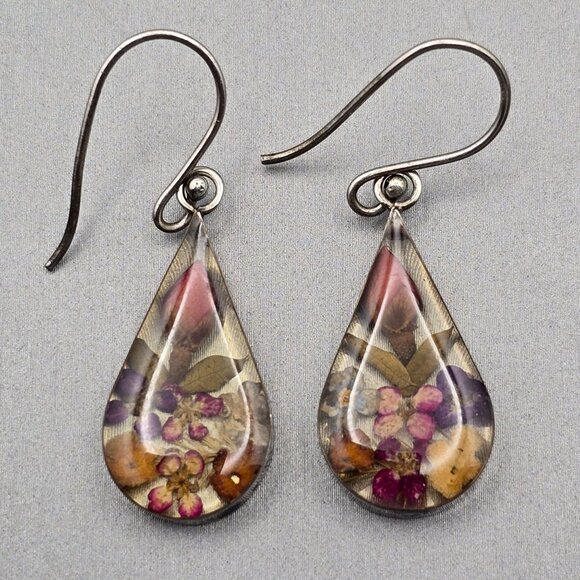 Sterling Silver Lucite Earrings 1.75" Dried Flowers Teardrop Shape ATI Mexico - Picture 2 of 10